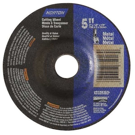 Cut-Off & Grinding Wheel, Type 27, 5 in Dia, 0.125 in Thick, 7/8 in Arbor Hole Size, Aluminum Oxide MPN:66252843616