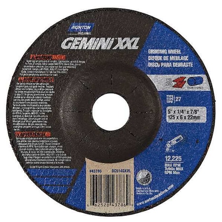 Depressed Center Grinding Wheel, Type 27, 5 in Dia, 0.25 in Thick, 7/8 in Arbor Hole Size, 24 Grit MPN:66252843786