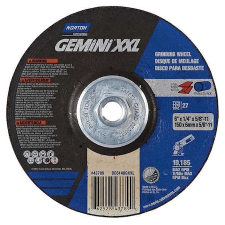 Depressed Center Grinding Wheel, Type 27, 6 in Dia, 0.25 in Thick, 5/8