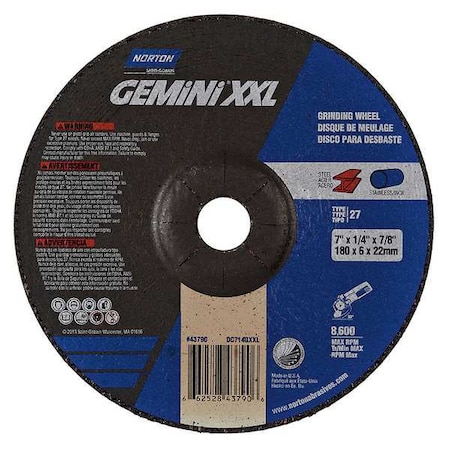 Depressed Center Grinding Wheel, Type 27, 7 in Dia, 0.25 in Thick, 7/8 in Arbor Hole Size, 24 Grit MPN:66252843790