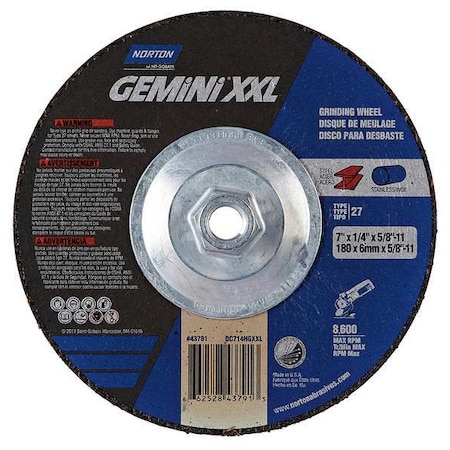 Depressed Center Grinding Wheel, Type 27, 7 in Dia, 0.25 in Thick, 5/8