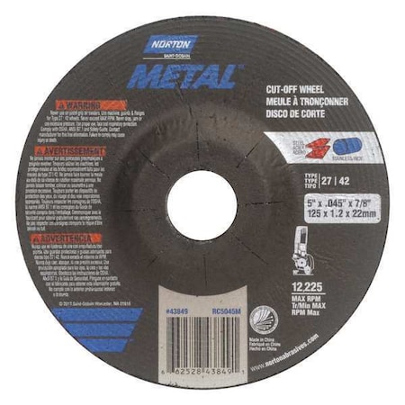 Depressed Center Cut-Off Wheel, Type 27, 5 in Dia, 0.045 in Thick, 7/8 in Arbor Hole Size, 24 Grit MPN:66252843849