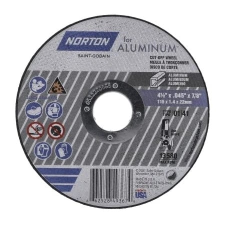 Cut-Off Wheel, Type 1, 4 1/2 in Dia, 0.045 in Thick, 7/8 in Arbor Hole Size, Aluminum Oxide MPN:66252849367