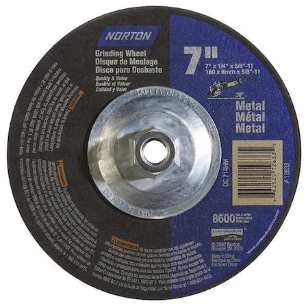 Depressed Center Grinding Wheel, Type 27, 7 in Dia, 0.25 in Thick, 5/8