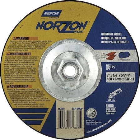 Depressed Center Grinding Wheel, Type 27, 7 in Dia, 0.25 in Thick, 5/8