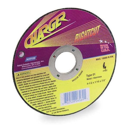 Abrasive Cut-Off Wheel, Type 1, 7 in Dia, 0.0625 in Thick, 7/8 in Arbor Hole Size, Aluminum Oxide MPN:66252922675