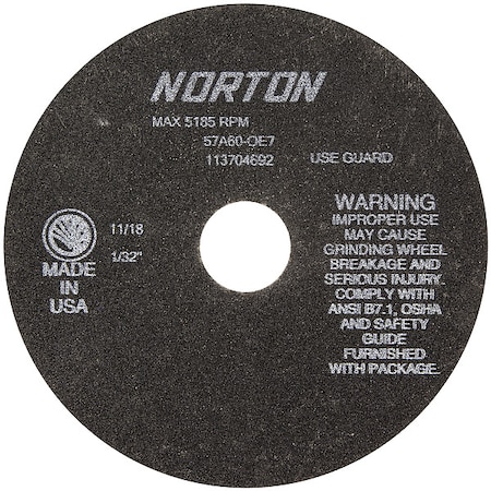 Cut-Off Wheel, Type 1, 7 in Dia, 0.0313 in Thick, 1 1/4 in Arbor Hole Size, Aluminum Oxide, 60 Grit MPN:66252922985