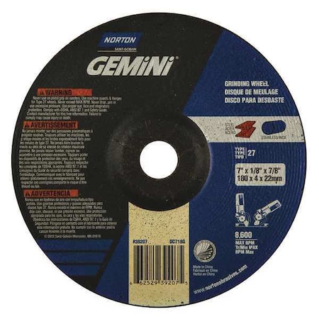 Cut-Off & Grinding Wheel, Type 27, 7 in Dia, 0.125 in Thick, 7/8 in Arbor Hole Size, Aluminum Oxide MPN:66252939207