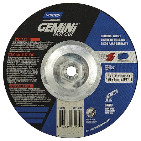 Depressed Center Grinding Wheel, Type 27, 7 in Dia, 0.25 in Thick, 5/8