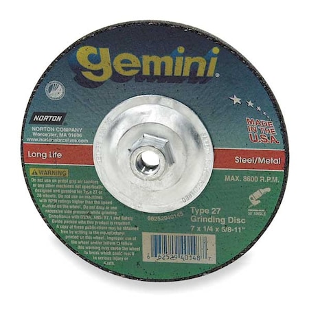 Depressed Center Grinding Wheel, Type 27, 7 in Dia, 0.25 in Thick, 5/8