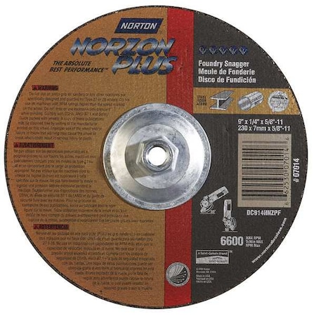 Depressed Center Grinding Wheel, Type 27, 9 in Dia, 0.25 in Thick, 5/8