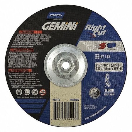 Depressed Center Cut-Off Wheel, Type 27, 9 in Dia, 0.0625 in Thick, 5/8