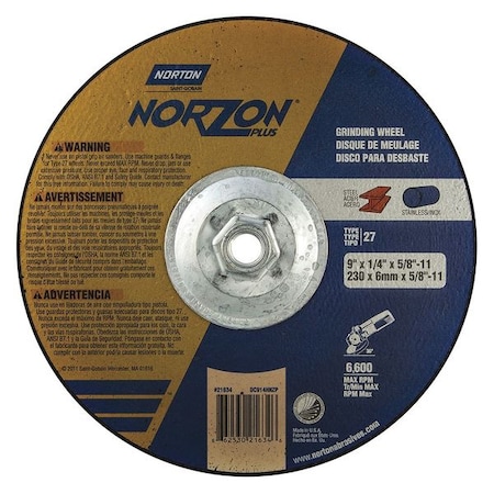 Depressed Center Grinding Wheel, Type 27, 9 in Dia, 0.25 in Thick, 5/8