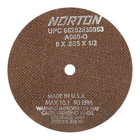 Cut-Off Wheel, Type 1, 8 in Dia, 0.035 in Thick, 1/2 in Arbor Hole Size, Aluminum Oxide, 60 Grit MPN:66253043014