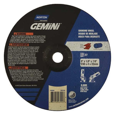 Cut-Off & Grinding Wheel, Type 27, 9 in Dia, 0.125 in Thick, 7/8 in Arbor Hole Size, Aluminum Oxide MPN:66253048994