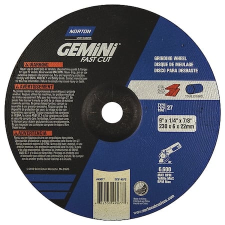 Depressed Center Grinding Wheel, Type 27, 9 in Dia, 0.25 in Thick, 7/8 in Arbor Hole Size, 24 Grit MPN:66253049077