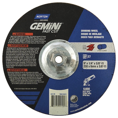 Depressed Center Grinding Wheel, Type 27, 9 in Dia, 0.25 in Thick, 5/8
