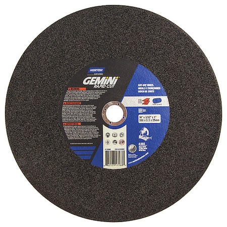 Abrasive Cut-Off Wheel, Type 1, 14 in Dia, 0.0938 in Thick, 1 in Arbor Hole Size, Aluminum Oxide MPN:66253313588