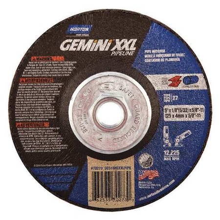 Cut-Off & Grinding Wheel, Type 27, 5 in Dia, 0.125 in Thick, 5/8