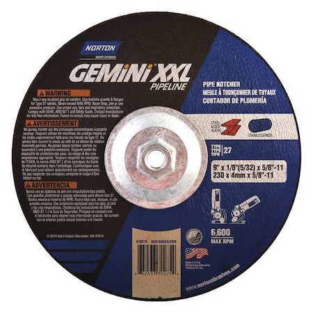 Cut-Off & Grinding Wheel, Type 27, 9 in Dia, 0.125 in Thick, 5/8