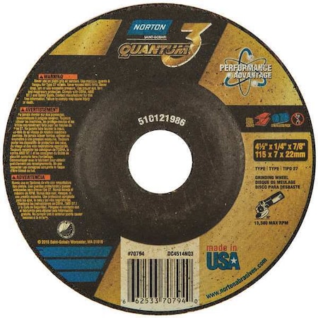 Depressed Center Grinding Wheel, Type 27, 4 1/2 in Dia, 0.25 in Thick, 7/8 in Arbor Hole Size MPN:66253370794