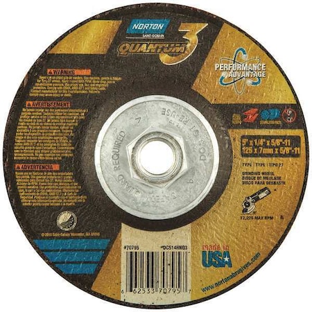 Depressed Center Grinding Wheel, Type 27, 5 in Dia, 0.25 in Thick, 5/8