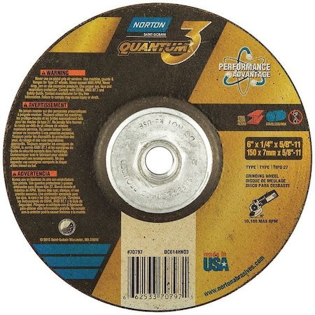 Depressed Center Grinding Wheel, Type 27, 6 in Dia, 0.25 in Thick, 5/8