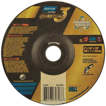 Depressed Center Grinding Wheel, Type 27, 6 in Dia, 0.25 in Thick, 7/8 in Arbor Hole Size, Ceramic MPN:66253370798
