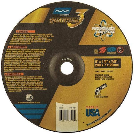 Depressed Center Grinding Wheel, Type 27, 9 in Dia, 0.25 in Thick, 7/8 in Arbor Hole Size, Ceramic MPN:66253370802