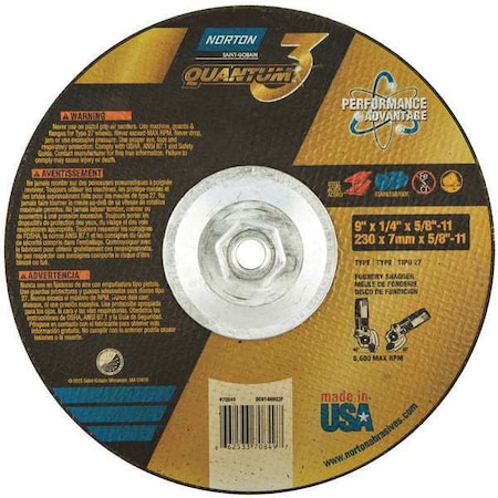 Depressed Center Grinding Wheel, Type 27, 9 in Dia, 0.25 in Thick, 5/8