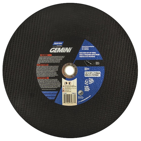 Abrasive Cut-Off Wheel, Type 1, 14 in Dia, 0.125 in Thick, 1 in, 20 mm Arbor Hole Size, 24 Grit MPN:70184672877