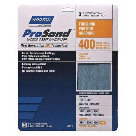 Sandpaper Sheet, Super Fine, 400 Grit, PK3 MPN:07660768156
