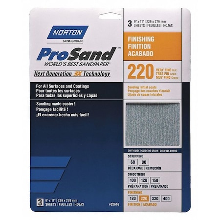 Sandpaper Sheet, Very Fine, 220 Grit, PK3 MPN:07660768158