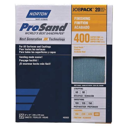Sandpaper Sheet, Super Fine, 400 Grit, PK20 MPN:07660768165
