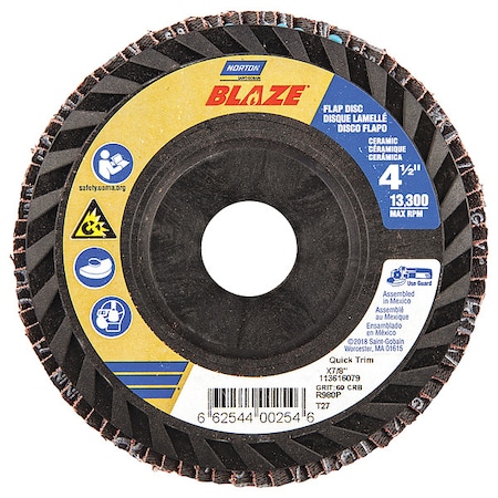 Flap Disc, 4 1/2 In x 60 Grit, 7/8, Series: SG Blaze® MPN:66254400254
