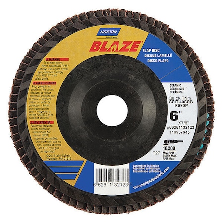 Fiber Disc, 6 in Dia, 7/8in Arbor, 40 Grit MPN:66261132123