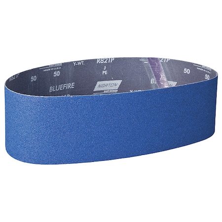 Sanding Belt, 4 in W, 36 in L, Coated, Zirconia Alumina, 50 Grit, Coarse, BlueFire R821P, Blue MPN:78072727475