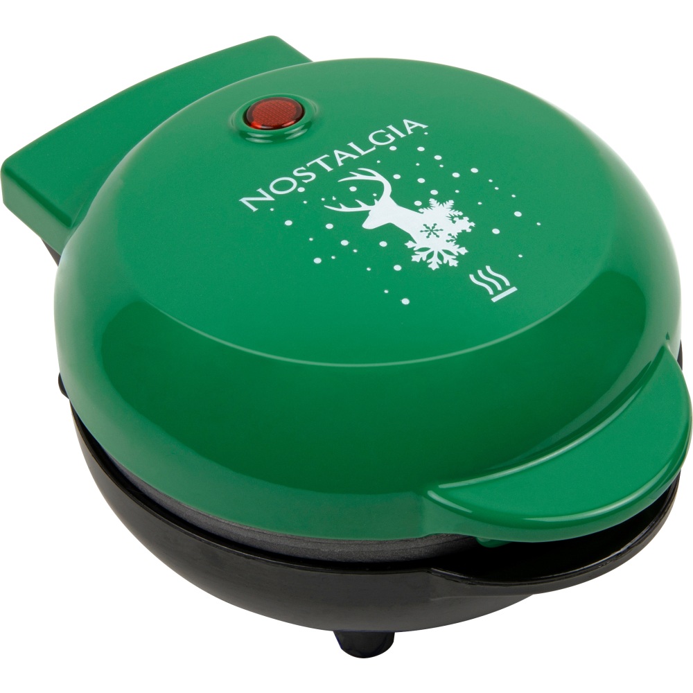 Nostalgia MyMini Personal Electric Waffle Maker, 3-3/4inH x 6-1/2inW x 5-1/4inD, Green Reindeer MPN:MWFRNDR5GRN