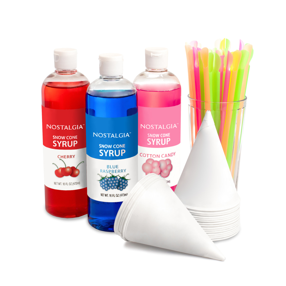 Nostalgia Electrics Premium 16 Oz Snow Cone Syrups, Cups and Spoon-Straws Party Kit MPN:SCK3