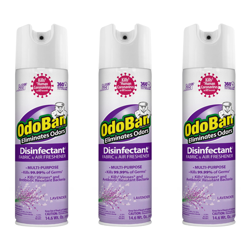OdoBan Ready-to-Use 360-Degree Continuous Spray Disinfectant Cleaner and Odor Eliminator, Lavender Scent, 14.6 Oz, Set Of 3 Spray Cans MPN:91010114A3-OD