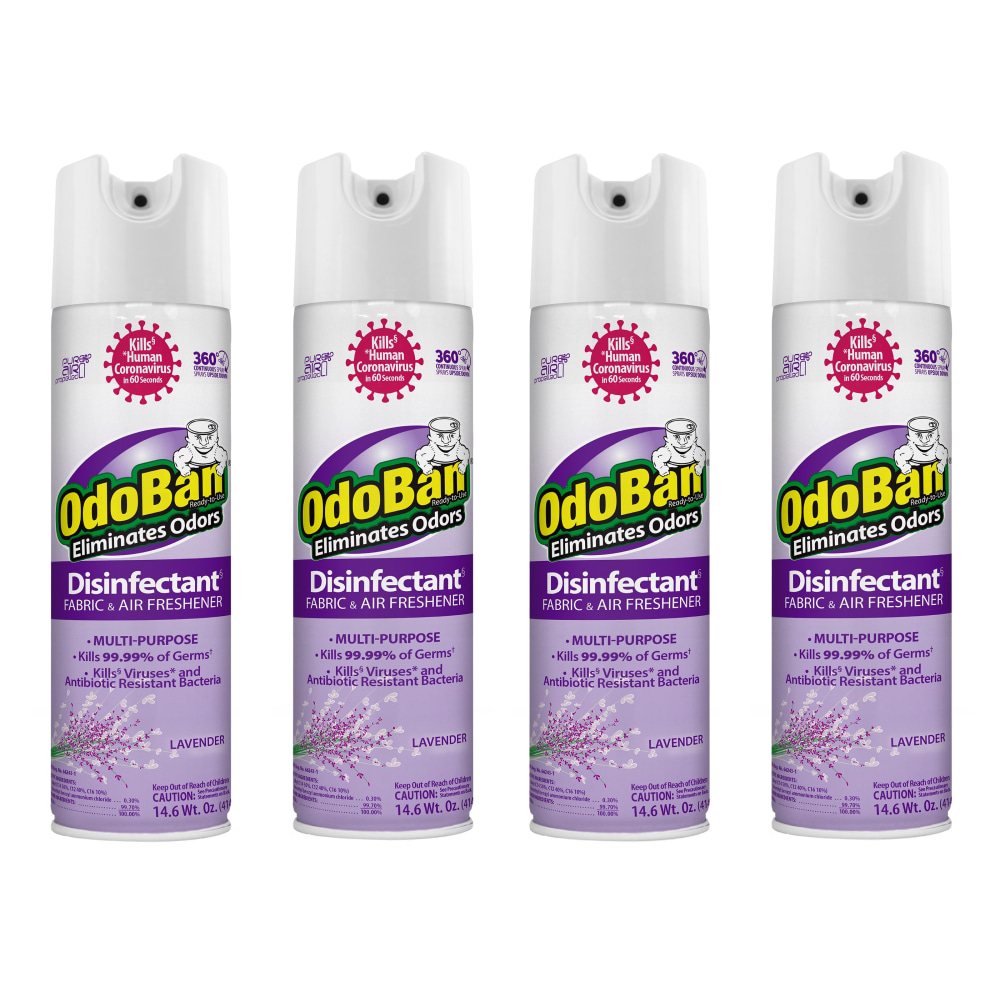 OdoBan Ready-to-Use 360-Degree Continuous Spray Disinfectant Cleaner and Odor Eliminator, Lavender Scent, 14.6 Oz, Set Of 4 Spray Cans MPN:91010114A4-OD