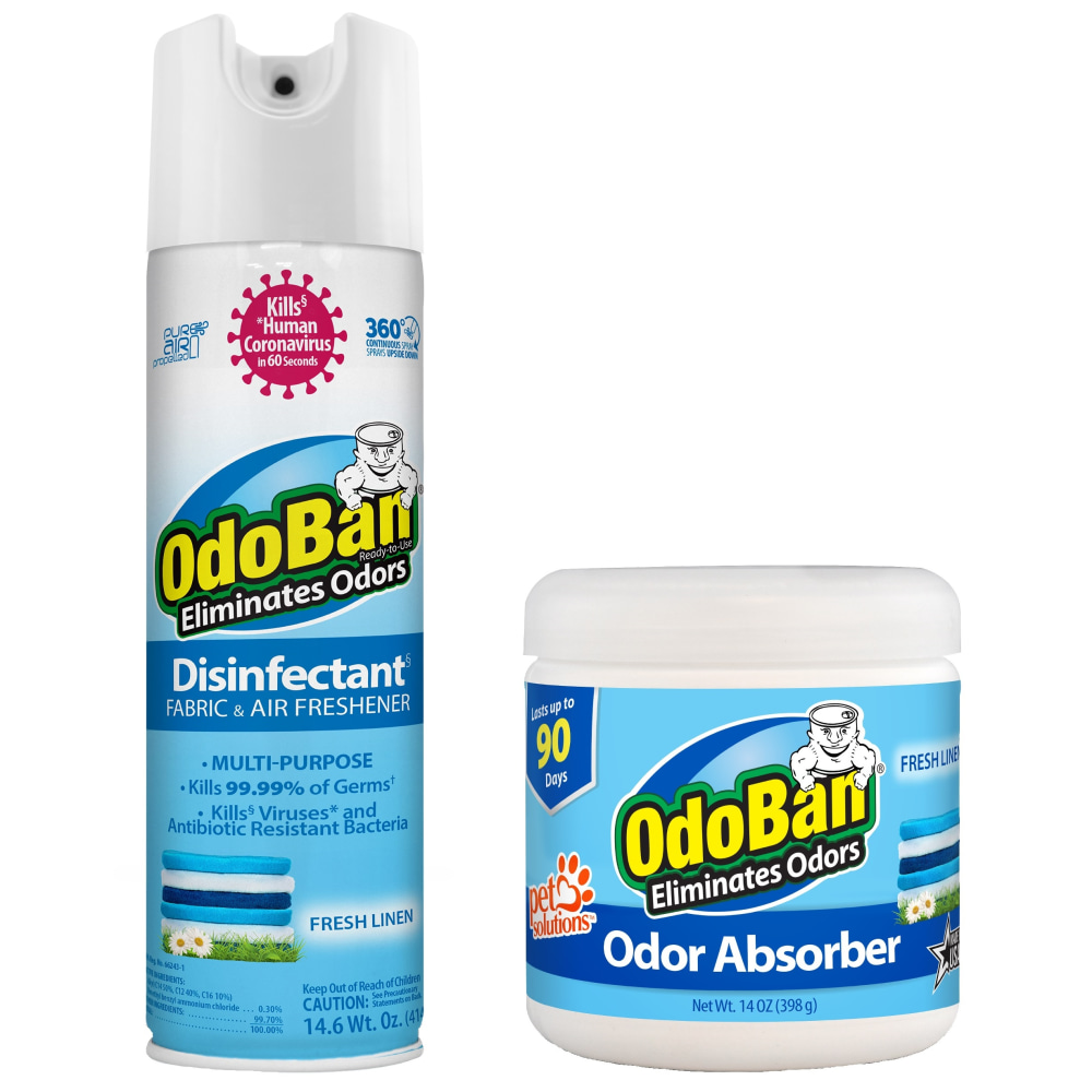 OdoBan Ready-to-Use Disinfectant and Odor Eliminator Set, 14.6 Oz Spray and 14 Oz Solid Odor Absorber, Fresh Linen Scent MPN:9107C61-OD