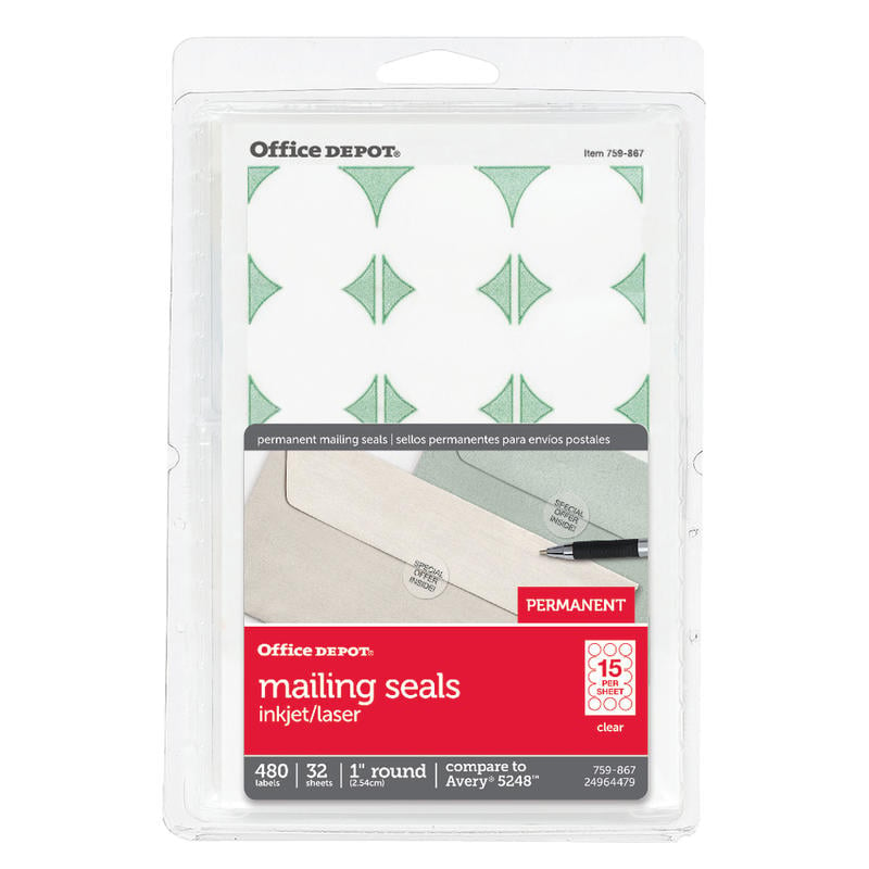 Office Depot Brand Permanent Mailing Seals, 1in Diameter, Clear, Pack Of 480 (Min Order Qty 12) MPN:OD98795