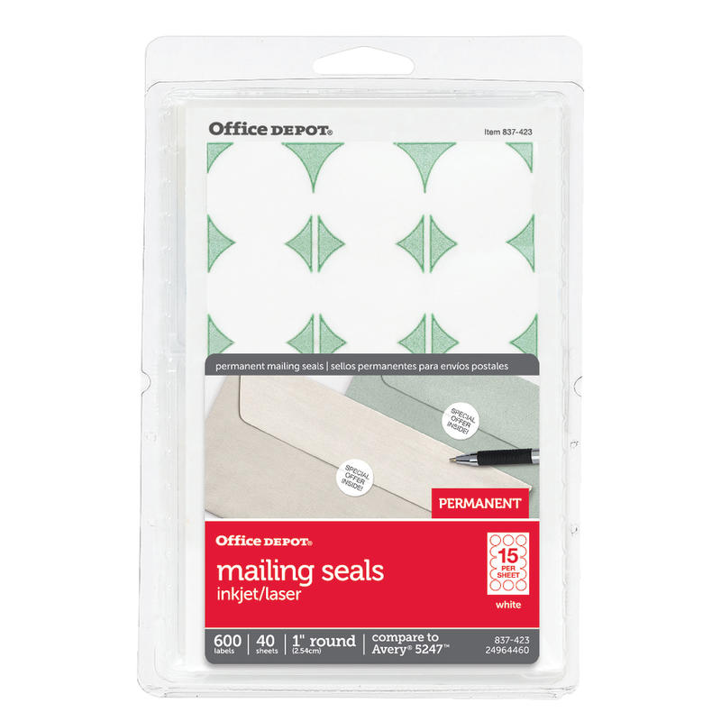 Office Depot Brand Permanent Mailing Seals, 1in Diameter, White, Pack Of 600 (Min Order Qty 10) MPN:OD98796
