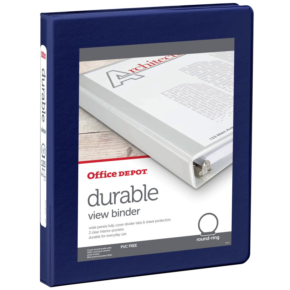 Office Depot Brand 3-Ring Durable View Binder, 1/2in Round Rings, Blue MPN:3585471860