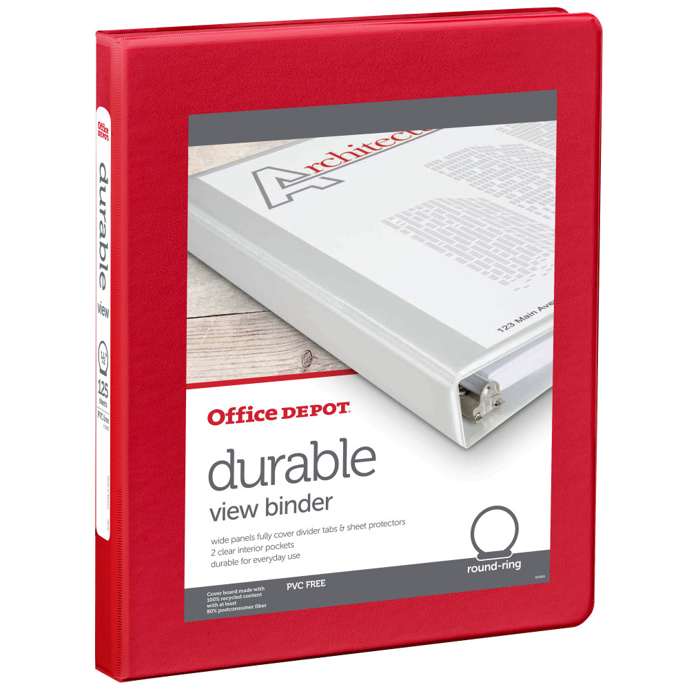 Office Depot Brand 3-Ring Durable View Binder, 1/2in Round Rings, Red MPN:3585471861