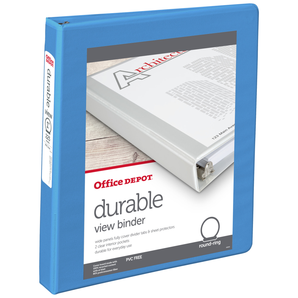 Office Depot 3-Ring Durable View Binder, 1in Round Rings, 49% Recycled, Sky Blue MPN:70402