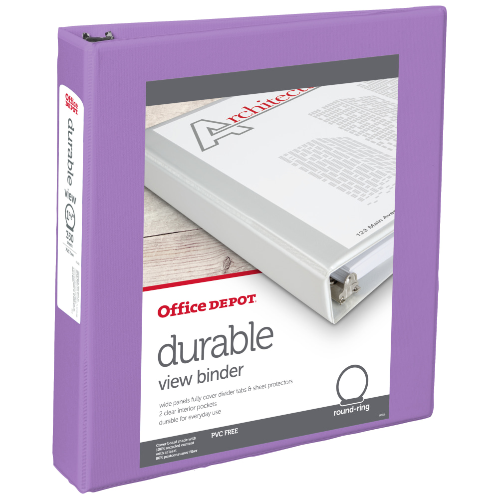 Office Depot 3-Ring Durable View Binder, 1-1/2in Round Rings, 49% Recycled, Purple MPN:70404