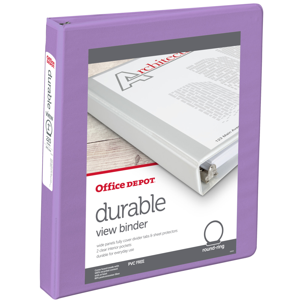 Office Depot 3-Ring Durable View Binder, 1in Round Rings, 49% Recycled, Purple MPN:70405