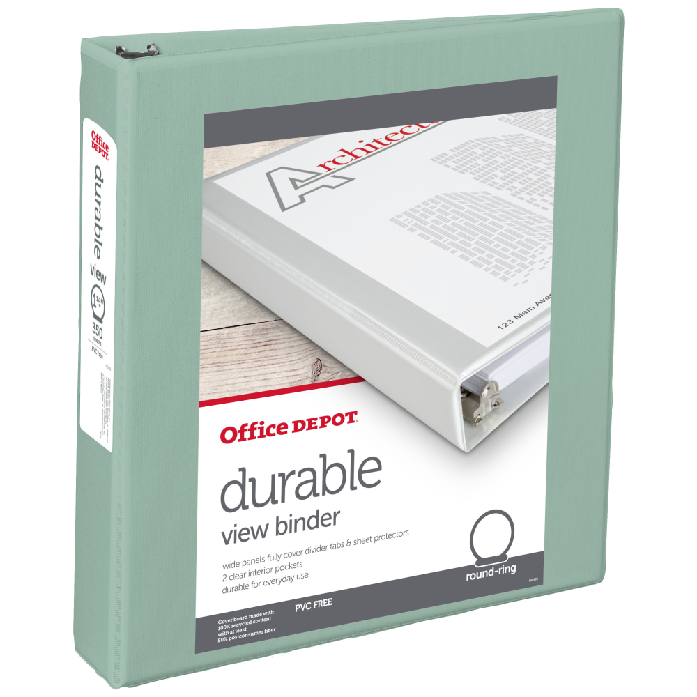 Office Depot Brand 3-Ring Durable View Binder, 1-1/2in Round Rings, Sage MPN:71616